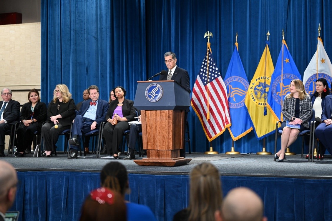 Director Roselyn Tso alongside Secretary Xavier Becerra and HHS leadership at a press conference on the President's Fiscal Year 2024 Budget