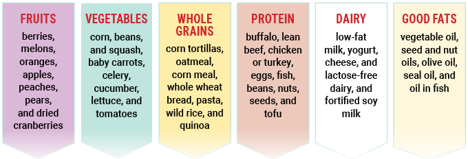 fruits (berries, melons, oranges, apples, peaches, pears, and dried cranberries), vegetables (corn, beans, squash, baby carrots, cucumber, lettuce, and tomatoes), whole grains (corn tortillas, oatmeal, corn meal, whole wheat, bread, pasta, wild rice, and quinoa), protein (buffalo, lean beef, chicken or turkey, eggs, fish, beans, nuts, seeds, and tofu), dairy (low-fat milk, yogurt, cheese, and lactose-free dairy, and fortified soy milk), good fats (vegetable oil, seed and nut oils, olive oil, seal oil, and oil in fish)