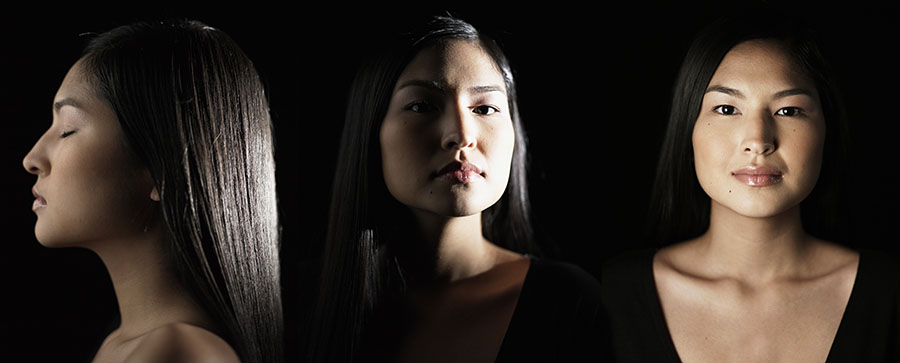 Three images of a woman from the side, looking neutral, and then content