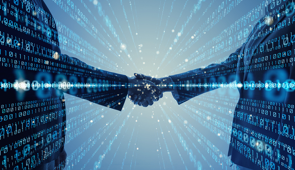 A handshake overlayed with binary code.